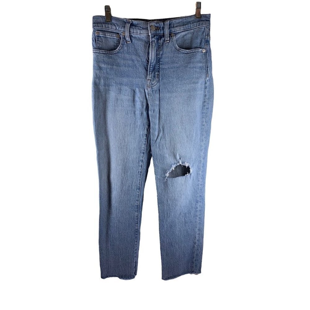 Madewell PERFECT VINTAGE Distressed Busted Knee Raw Hem Straight Jeans Size 28